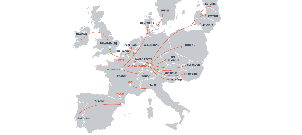 Carte présentant les destinations européennes livrées par voies routières