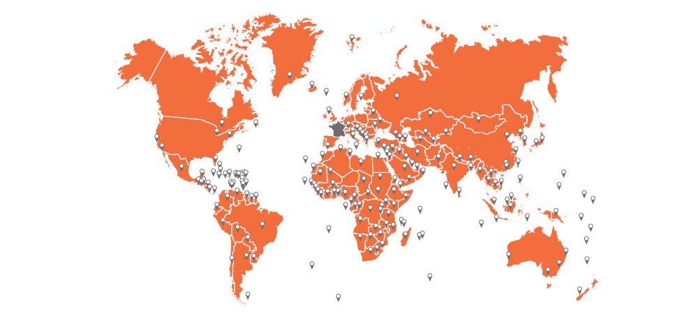 Carte présentant les destinations mondiales livrées par voies aériennes
