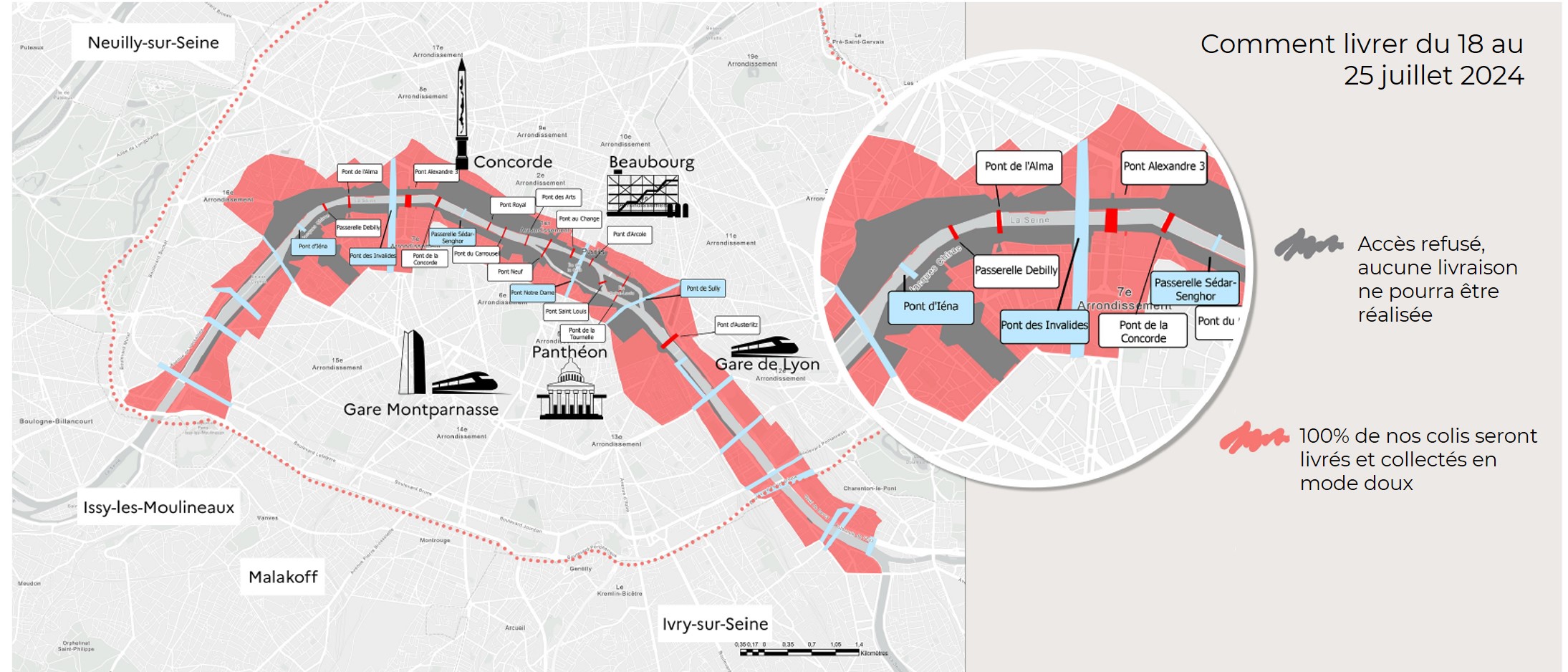 Carte présentant les zones impactées le 26 juillet 2024 pendant la cérémonie d'ouverture des Jeux Olympiques de Paris 2024
