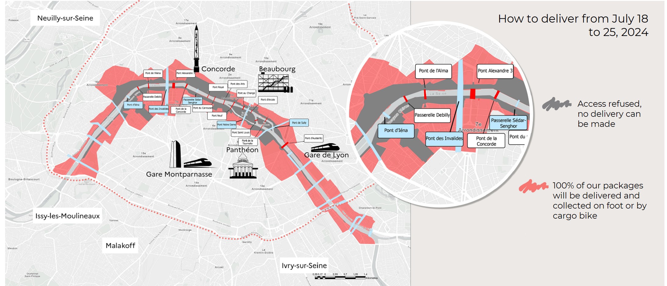 Carte présentant les zones impactées du 18 au 25 juillet 2024 avant la cérémonie d'ouverture des Jeux Olympiques de Paris 2024