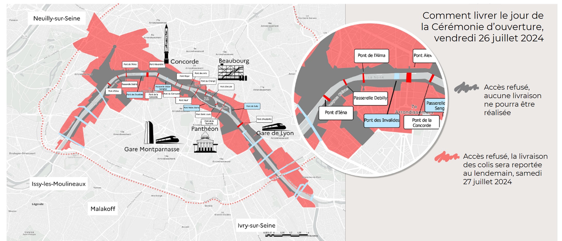 Carte présentant les zones impactées le 26 juillet 2024 pendant la cérémonie d'ouverture des Jeux Olympiques de Paris 2024