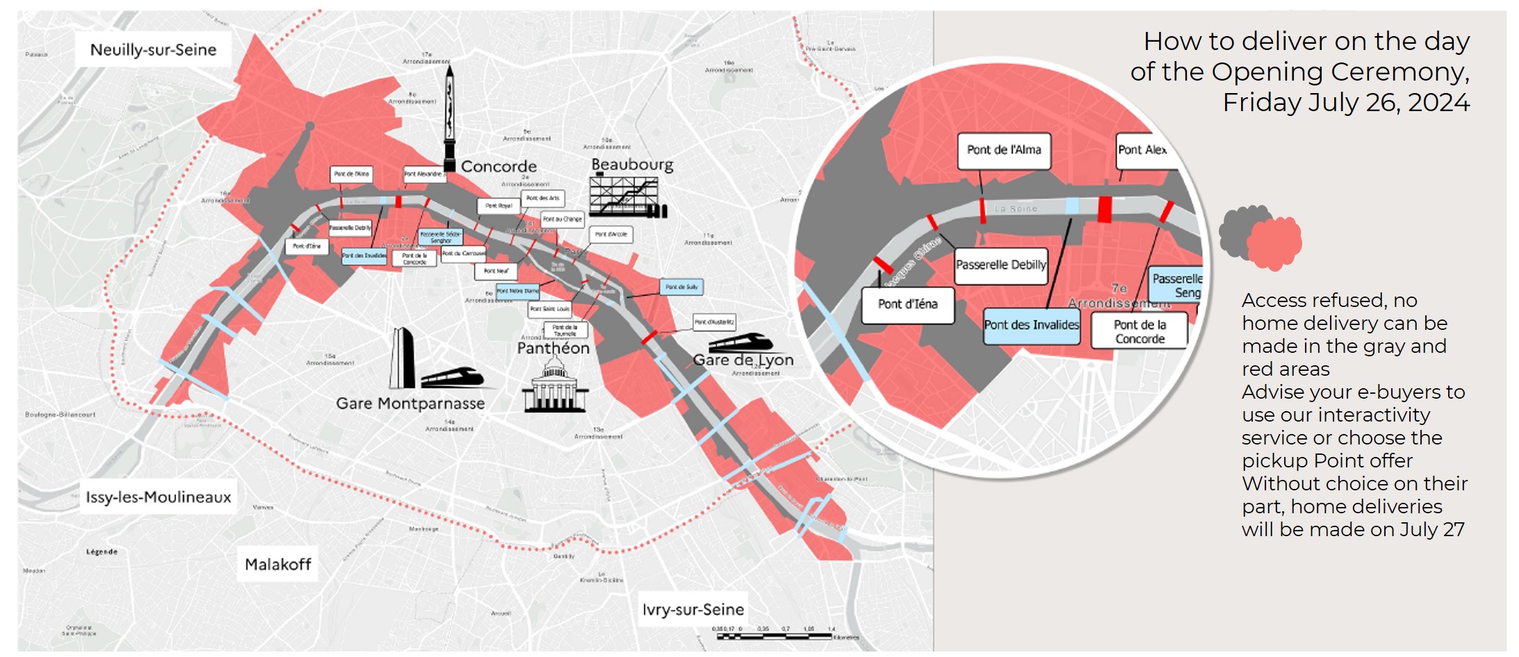 Carte présentant les zones impactées le 26 juillet 2024 pendant la cérémonie d'ouverture des Jeux Olympiques de Paris 2024