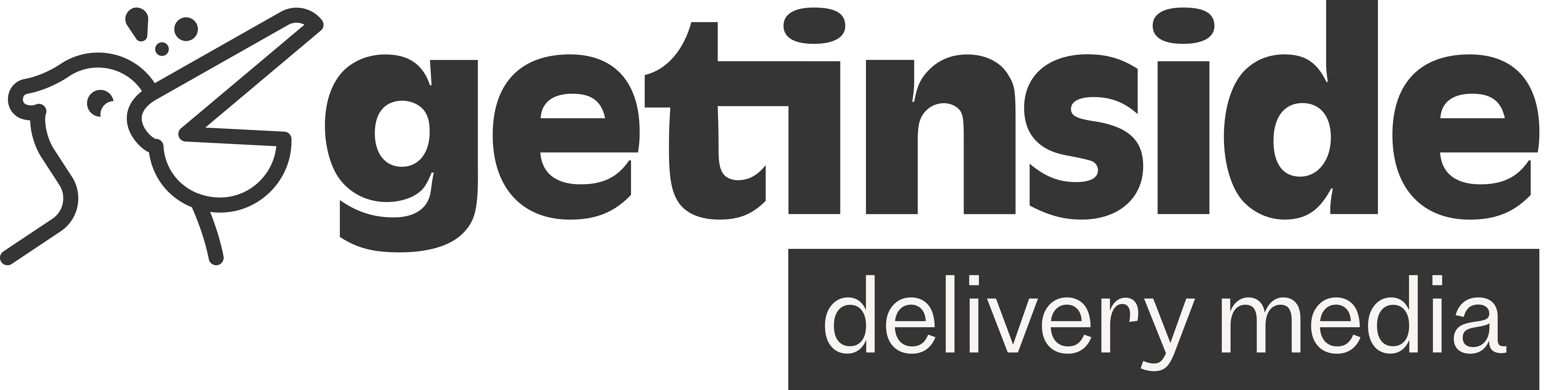 Logo monochromatique du partenaire Colissimo Getinside présentant l'illustration d'un pelican avec l'incription "Getinside delivery media" 