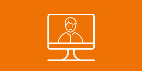 Illustration monochromatique sur fond orange montrant un écran d'ordinateur avec une silhouette humaine à l’intérieur.