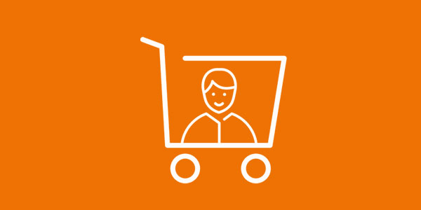 Illustration monochromatique sur fond orange montrant un chariot de supermarché avec une silhouette humaine stylisée à l’intérieur.