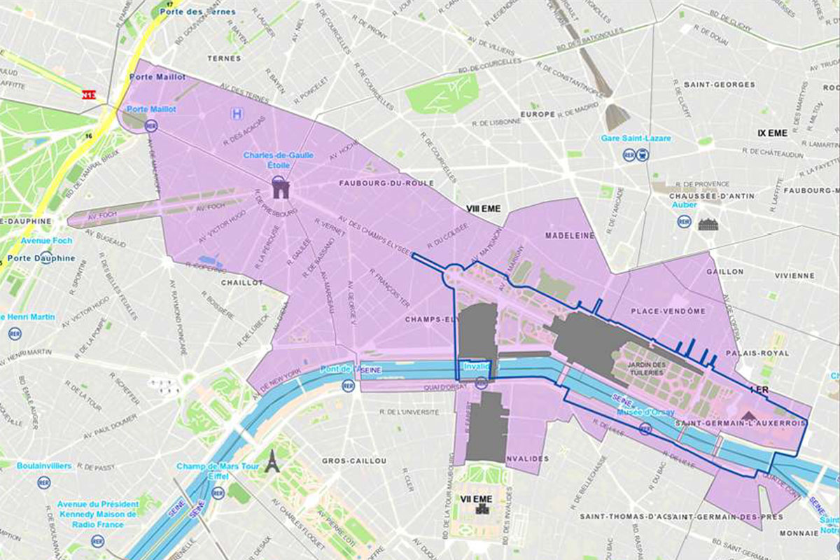 Carte présentant les zones impactées à partir de 14h, par la cérémonie d'ouverture des Paralympiques de Paris 2024