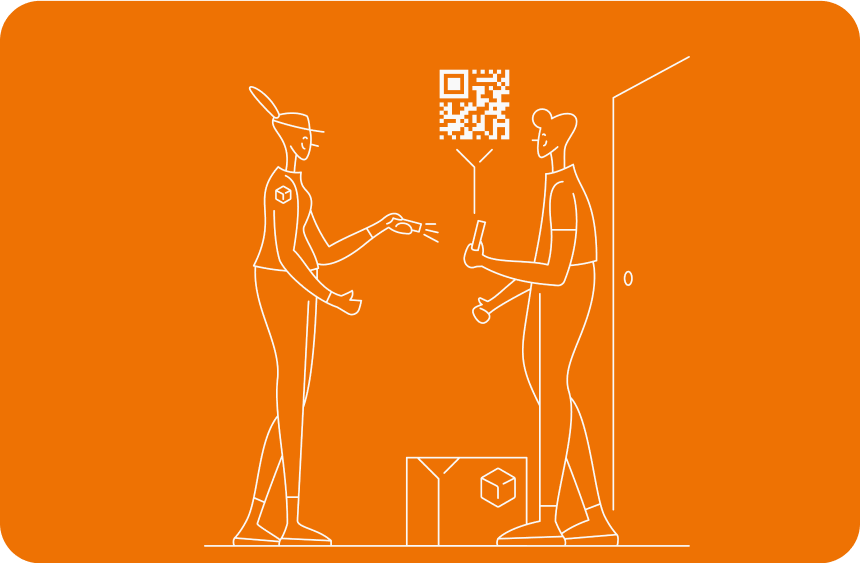 Illustration monochromatique sur fond orange montrant un livreur scan le téléphone d'un client devant le domicile de celui-ci. Un colis est posé au sol entre eux, avec un QR code flottant au-dessus.