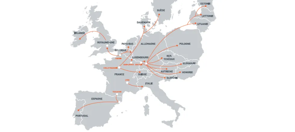Carte présentant les destinations européennes livrées par voies routières