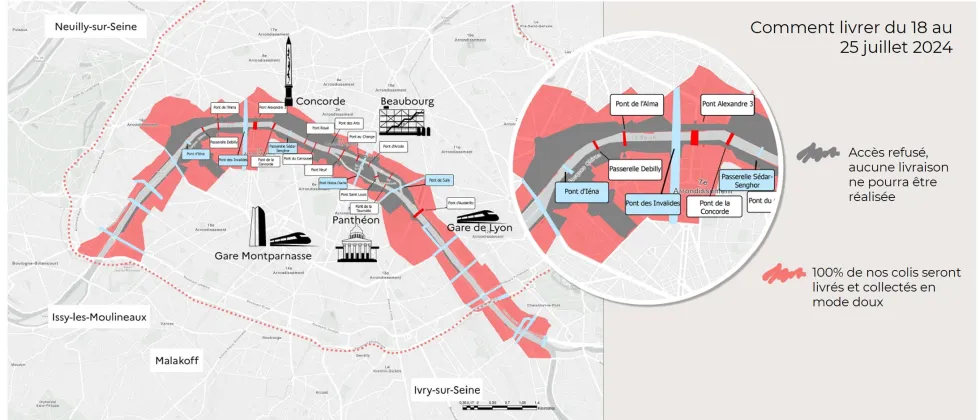 Carte présentant les zones impactées le 26 juillet 2024 pendant la cérémonie d'ouverture des Jeux Olympiques de Paris 2024