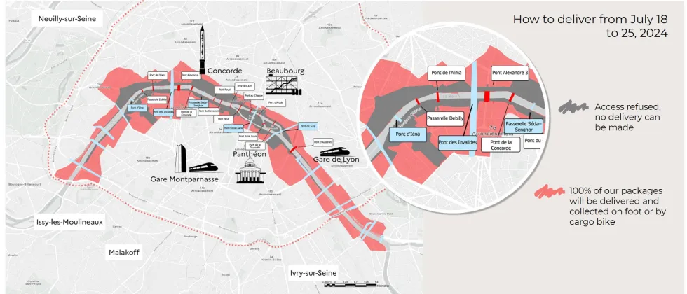 Carte présentant les zones impactées du 18 au 25 juillet 2024 avant la cérémonie d'ouverture des Jeux Olympiques de Paris 2024