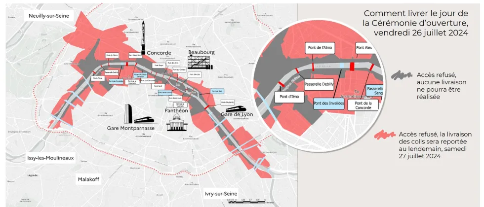 Carte présentant les zones impactées le 26 juillet 2024 pendant la cérémonie d'ouverture des Jeux Olympiques de Paris 2024