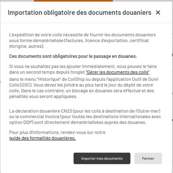 ColiShip - importation obligatoire des documents douaniers