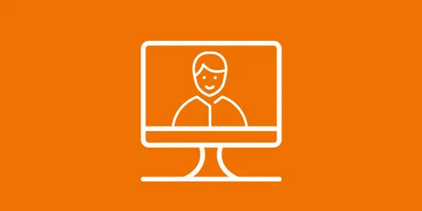 Illustration monochromatique sur fond orange montrant un écran d'ordinateur avec une silhouette humaine à l’intérieur.