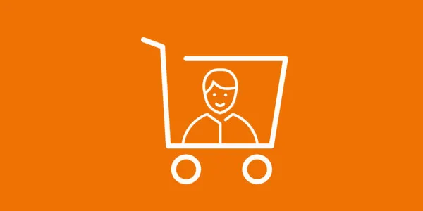 Illustration monochromatique sur fond orange montrant un chariot de supermarché avec une silhouette humaine stylisée à l’intérieur.