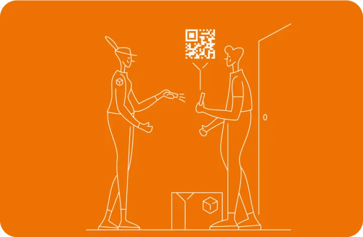 Illustration monochromatique sur fond orange montrant un livreur scan le téléphone d'un client devant le domicile de celui-ci. Un colis est posé au sol entre eux, avec un QR code flottant au-dessus.