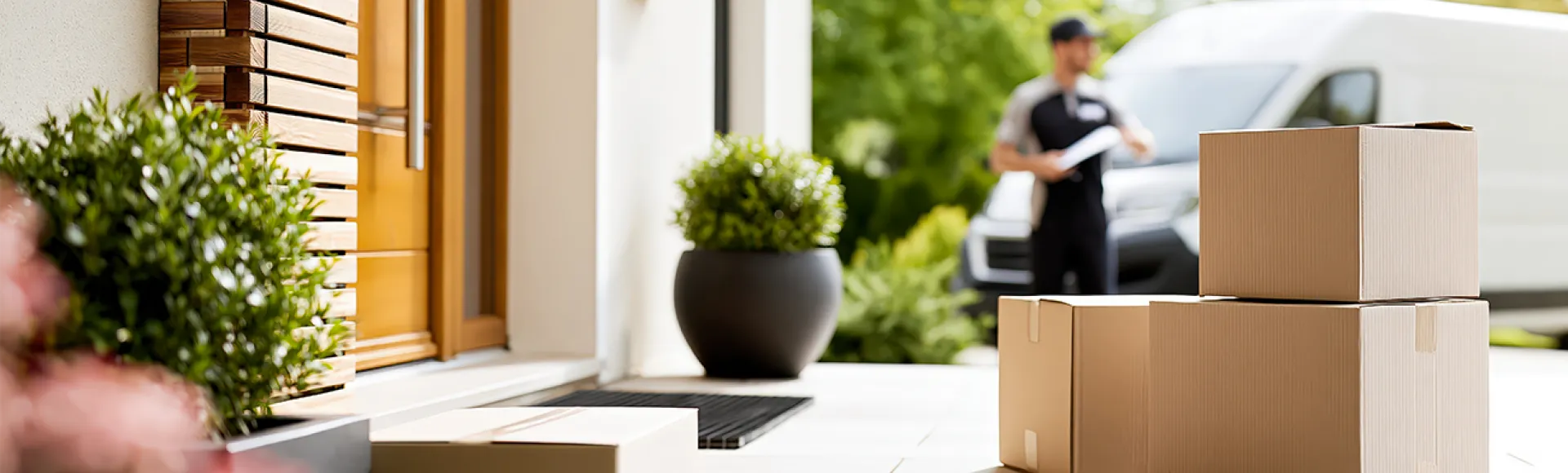 Livraison de colis avec des colis au premier plan et un camion d'un partenaire postal